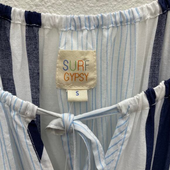 Surf Gypsy Navy and White Stripe Flounce Sleeve Smocked Waist Dress Size Small - Picture 5 of 9